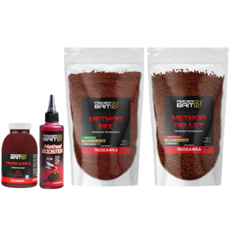 Zestaw Method - Feeder Bait Truskawka Mix Pellet Booster Zalewa
